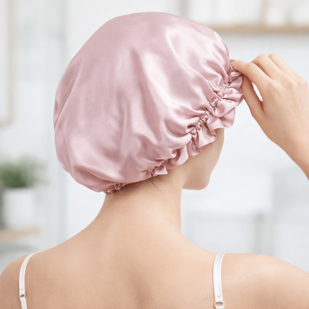 woman wearing a pink silk bonnet with a blurred indoor background
