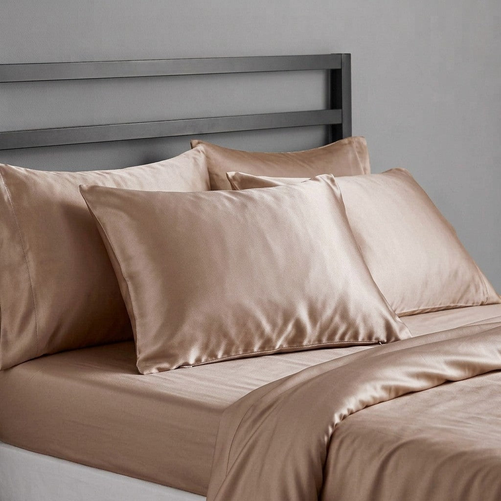 beige mulberry silk pillowcases on bed