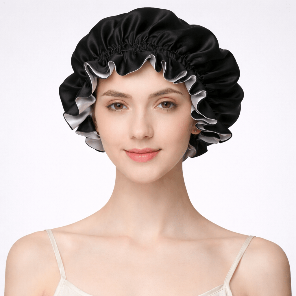 Woman wearing a black and grey silk bonnet on a white background