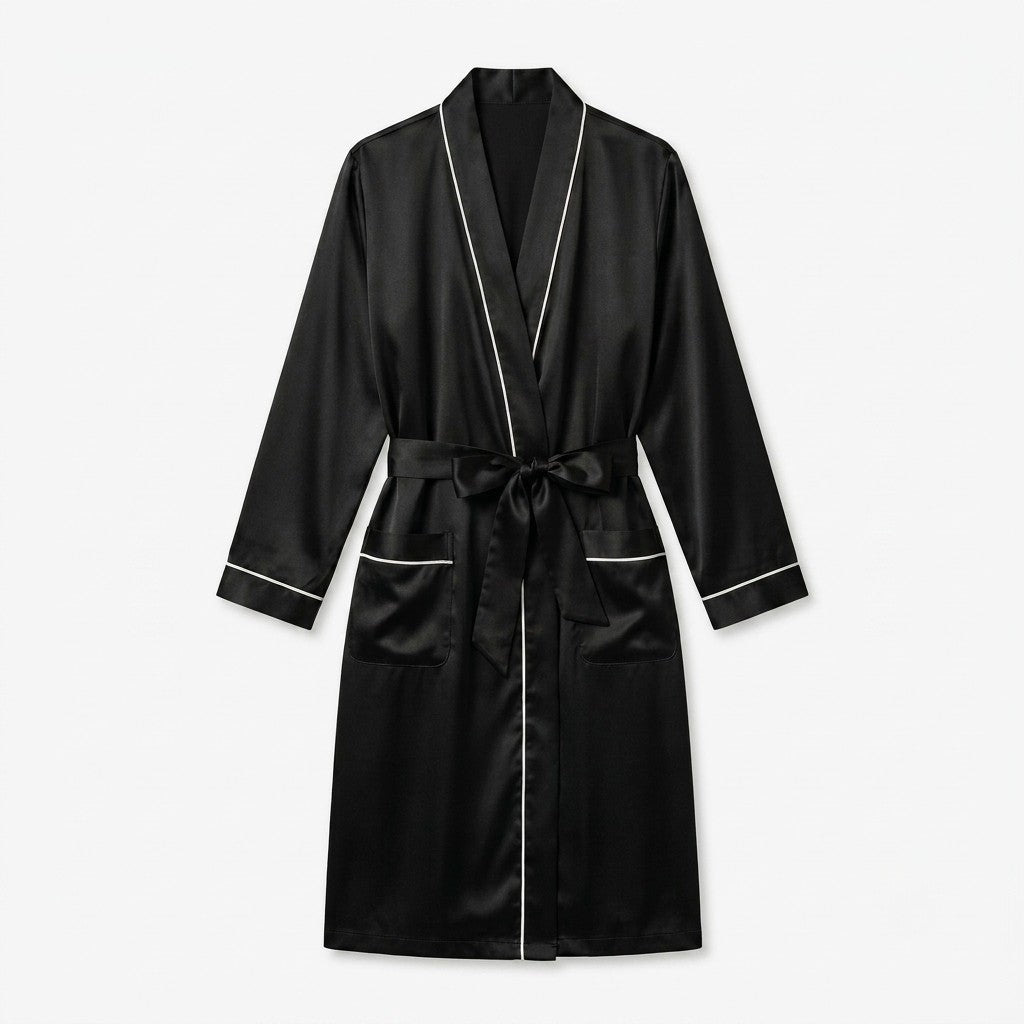 A black satin-like robe with white piping trim, featuring a tie belt, long sleeves, and front pockets, shown against a light gray background.