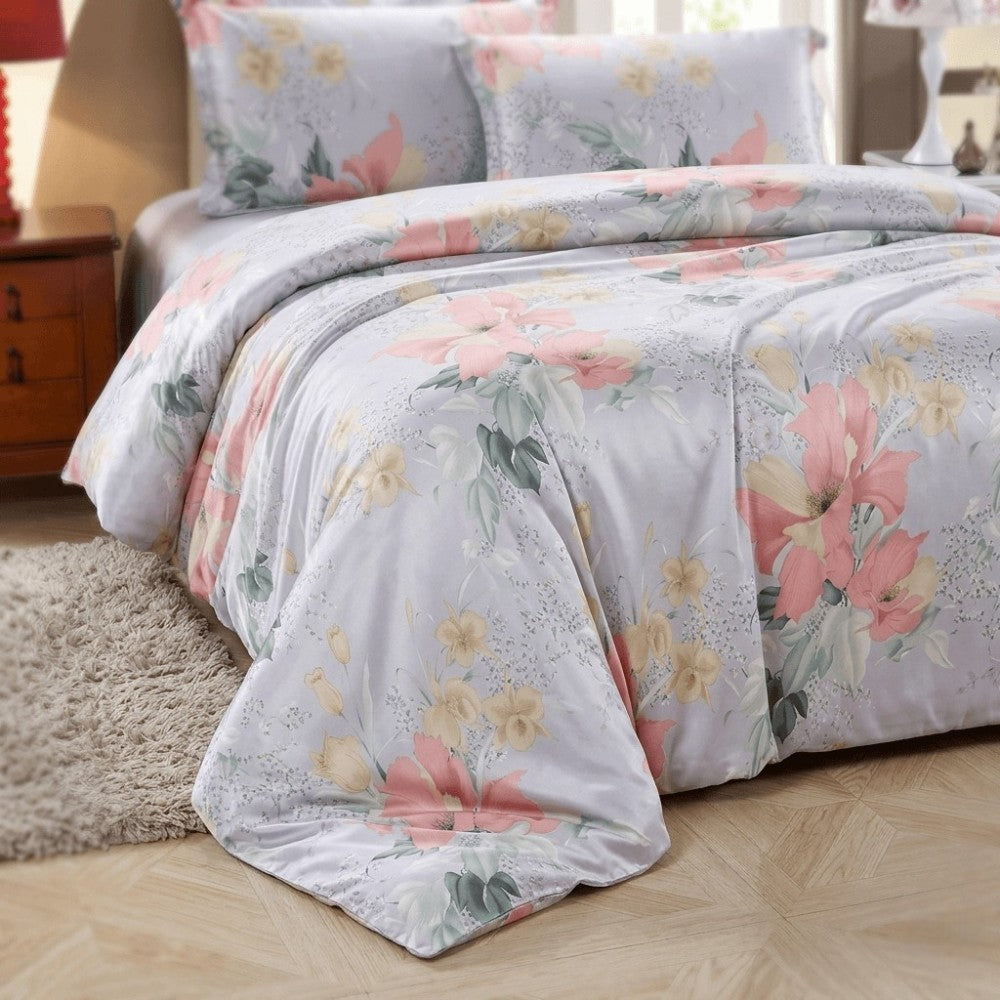 cascading overflow of pink petal silk duvet cover