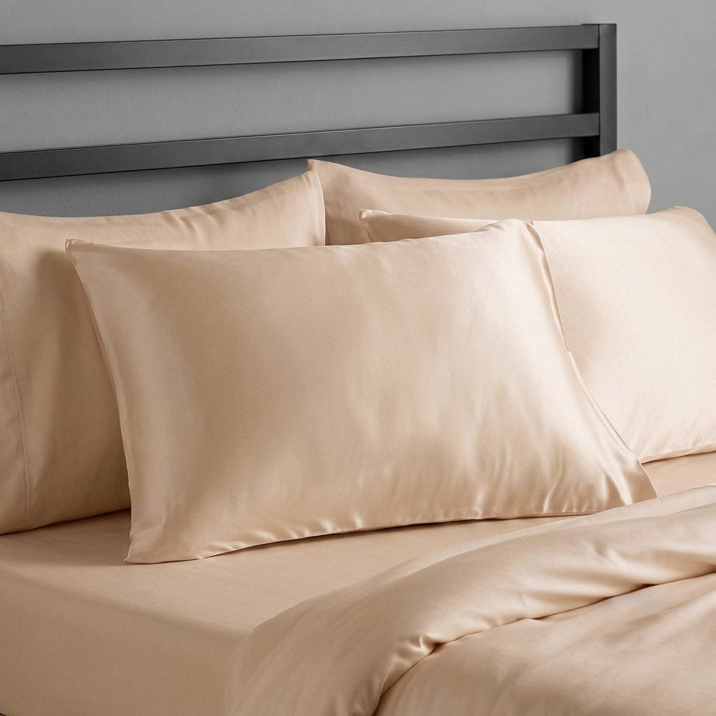 champagne gold mulberry silk pillowcases on bed