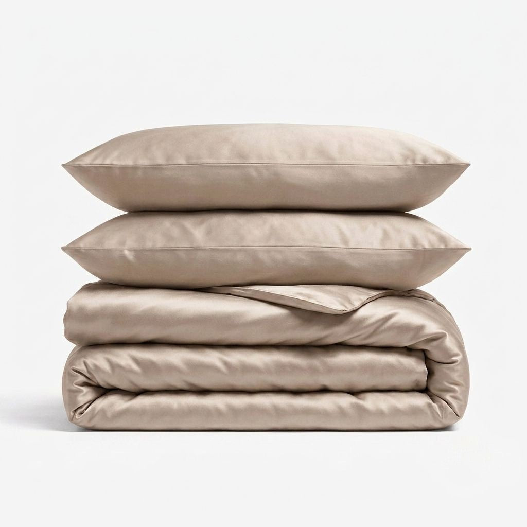 A stack of champagne gold silk bedding set, including two pillowcases and a folded duvet cover, photographed on a clean white background. 