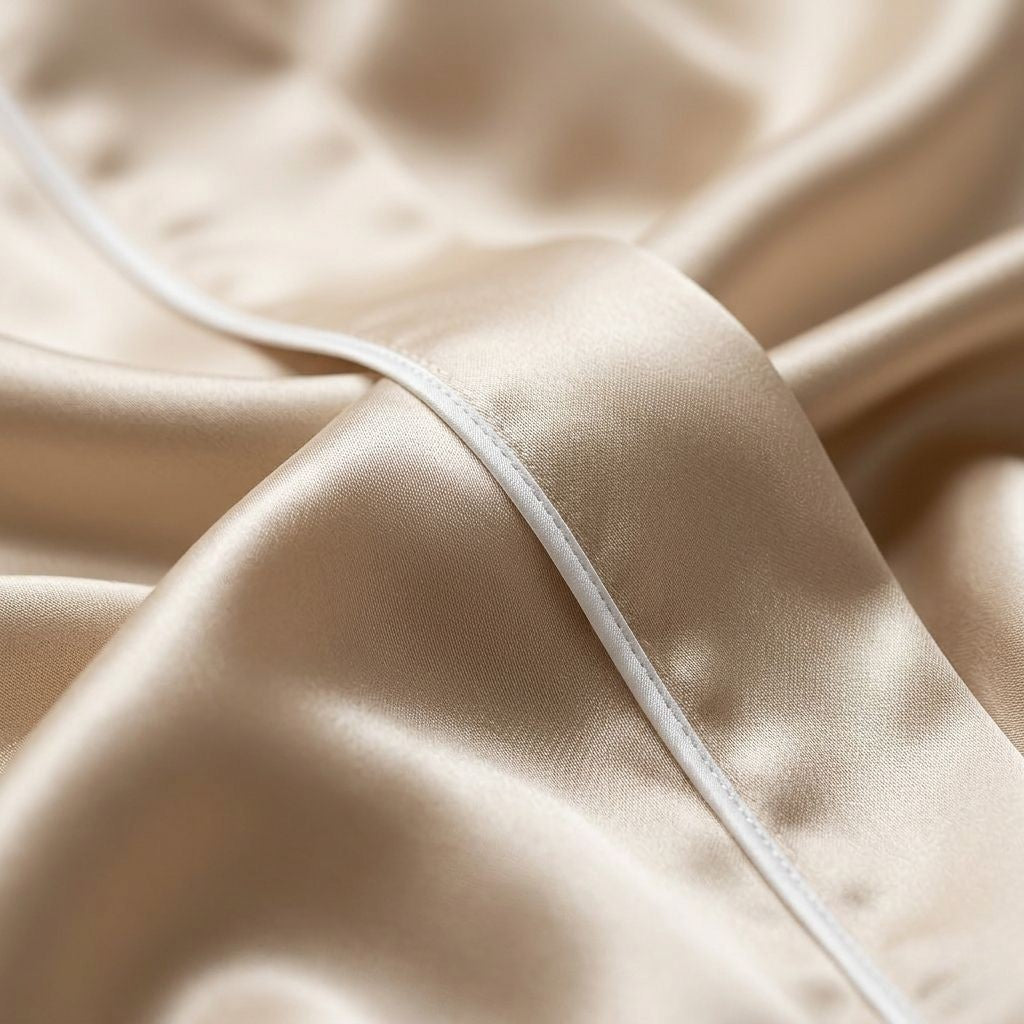 Close-up of champagne gols silk fabric with a subtle texture