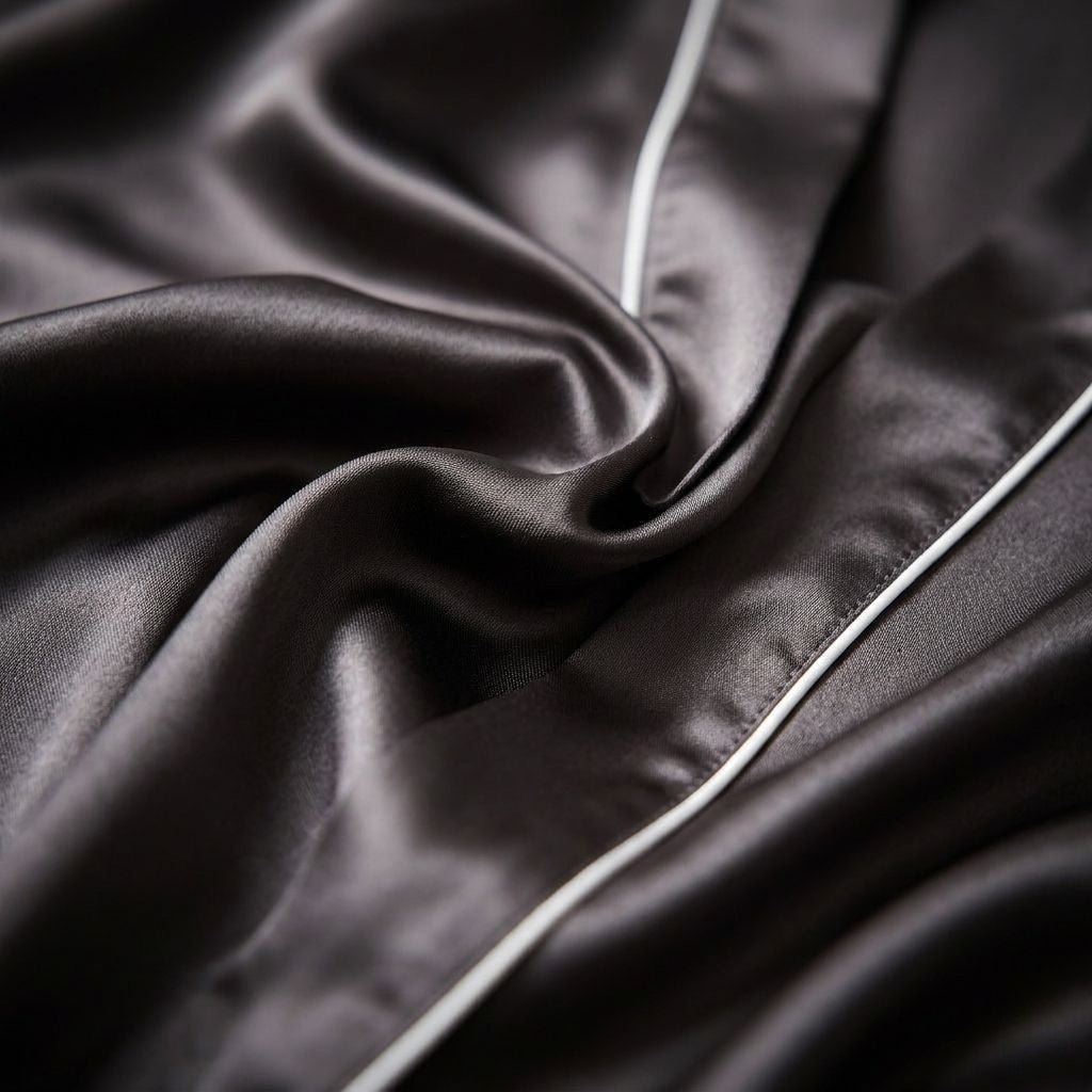 Close-up of dark brown silk fabric with a white piping
