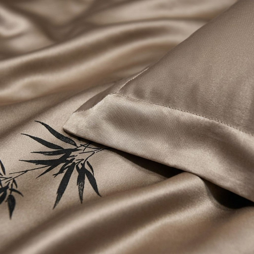 Light brown silk oxford pillowcase with black bamboo leaf design