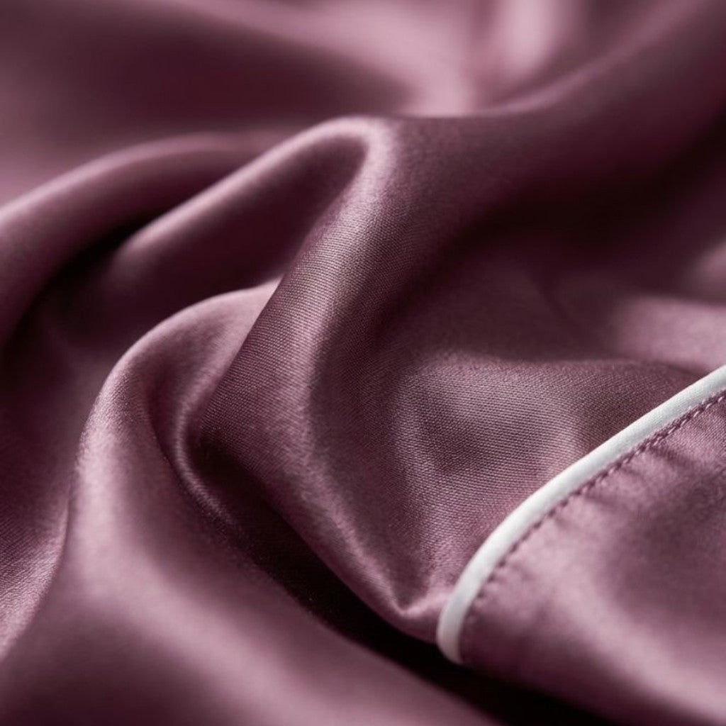 Close-up of purple fabric with a white piping