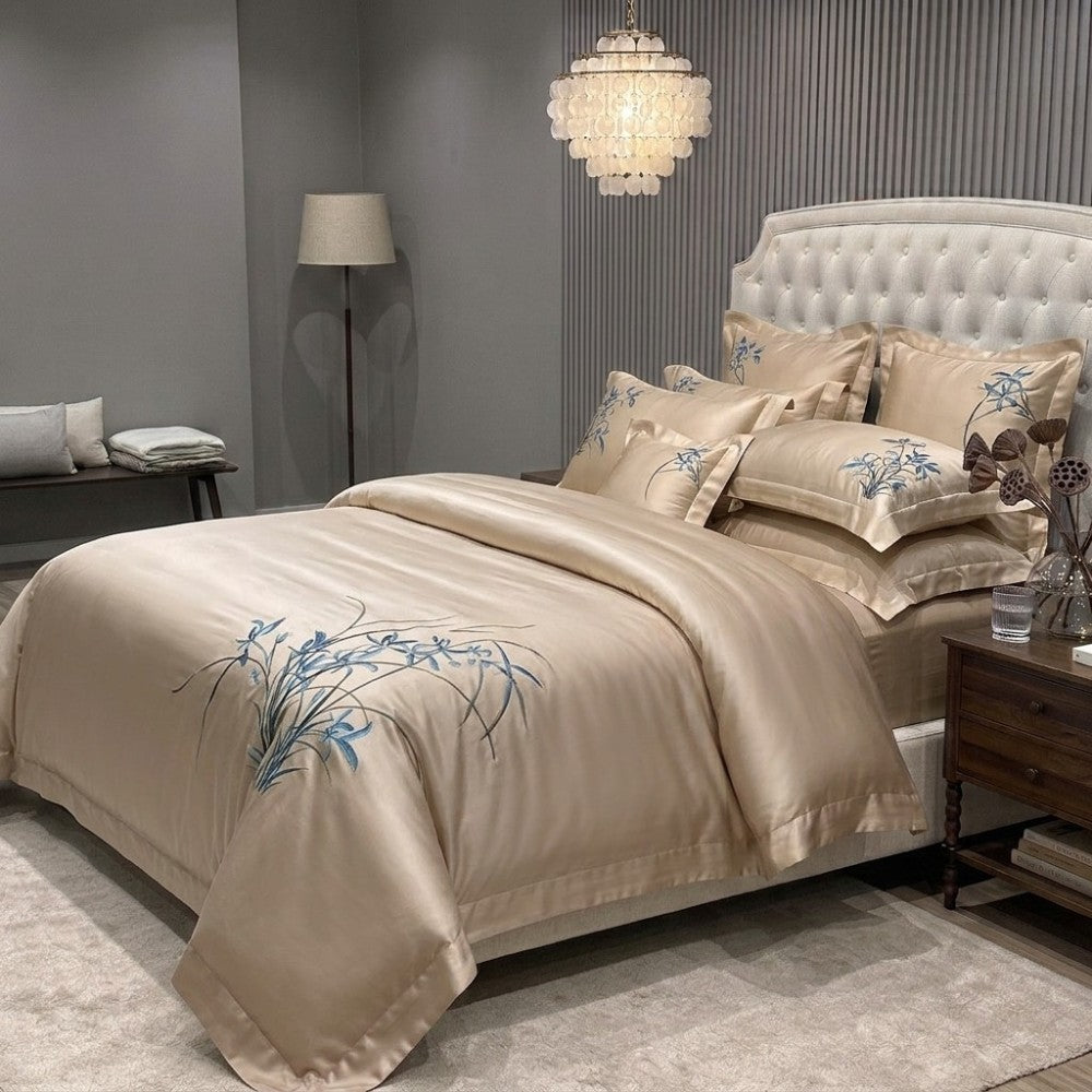 floral beige silk bedding set