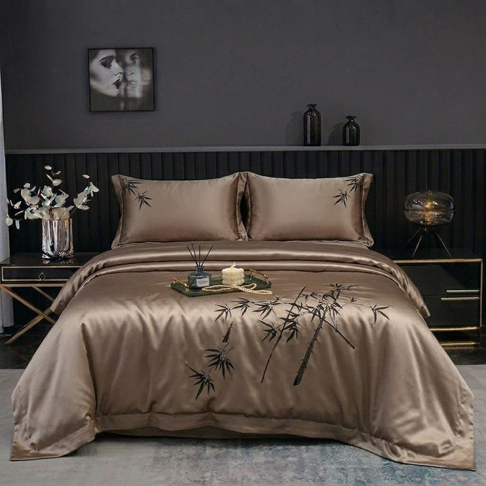 Coffee bedding set with bamboo design on a bed in a bedroom setting.