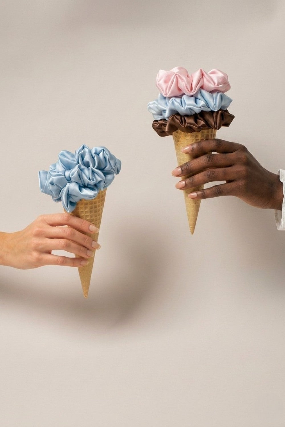 Silk scrunchies styled as ice cream scoops in ice cream cones