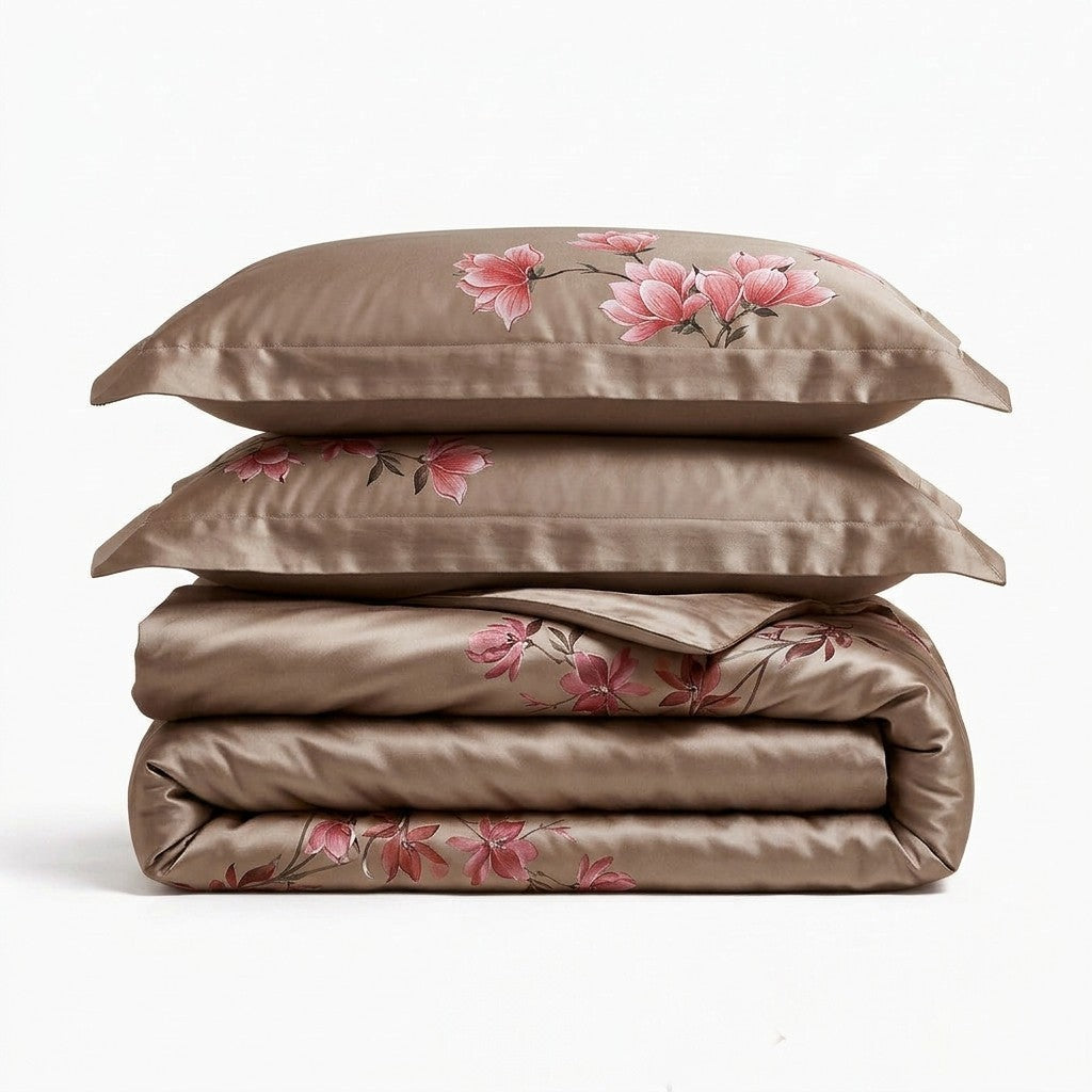 light brown mulberry silk bedding set with floral pattern