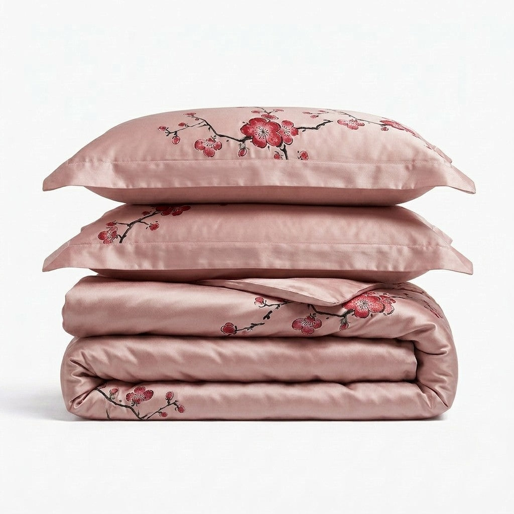 pink mulberry silk bedding set with floral design