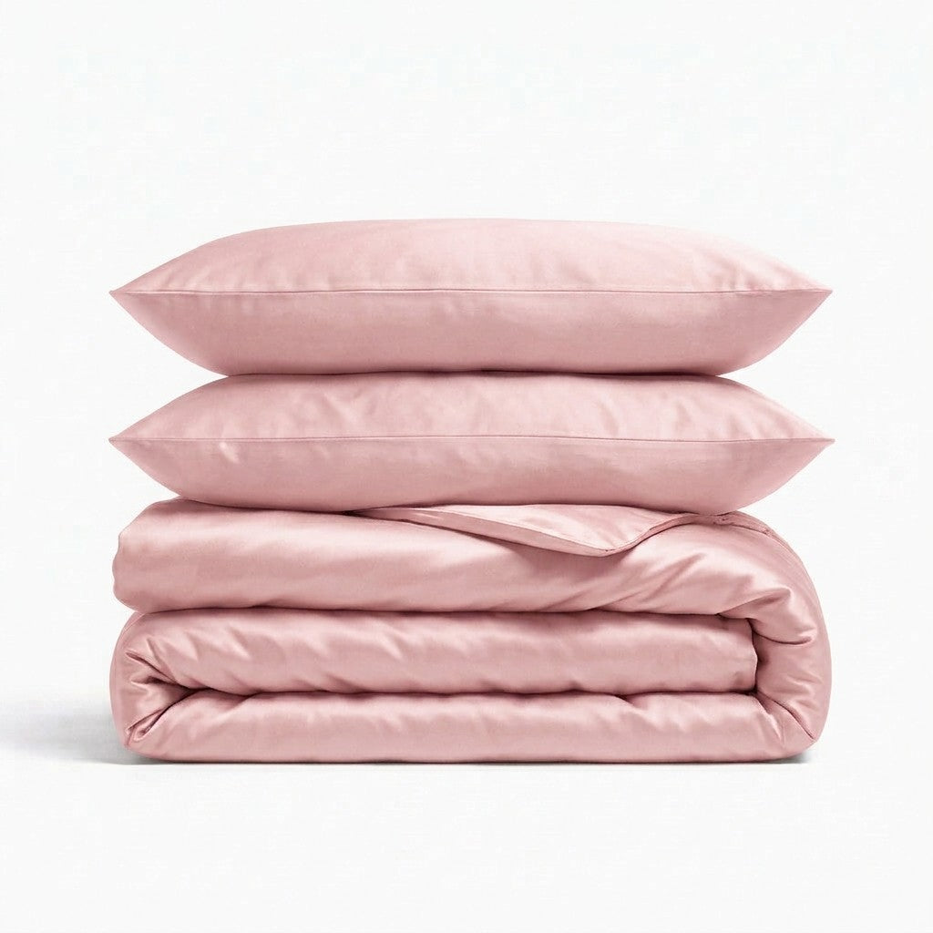 A stack of three pink silk bedding set, including two pillows and a folded duvet cover, photographed on a clean white background.