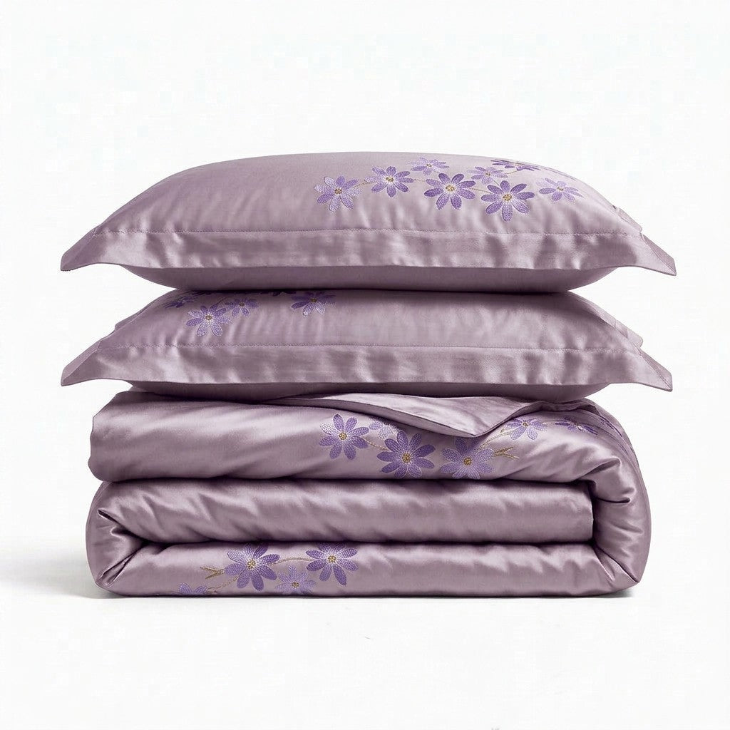 light purple mulberry silk bedding set with floral pattern