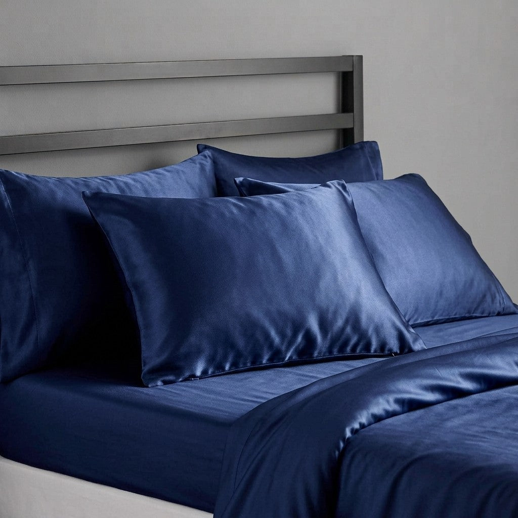 navy blue mulberry silk pillowcases on bed