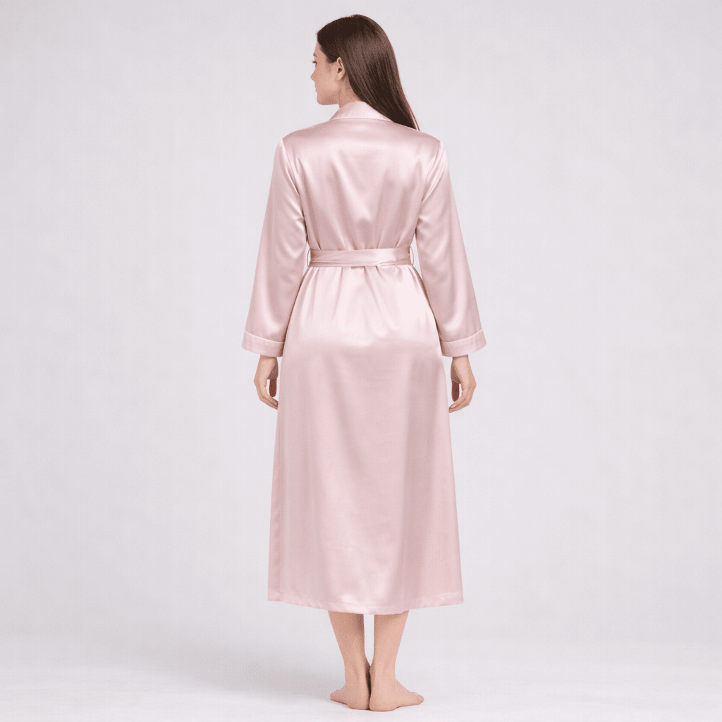 Woman wearing a pink silk robe on a white background