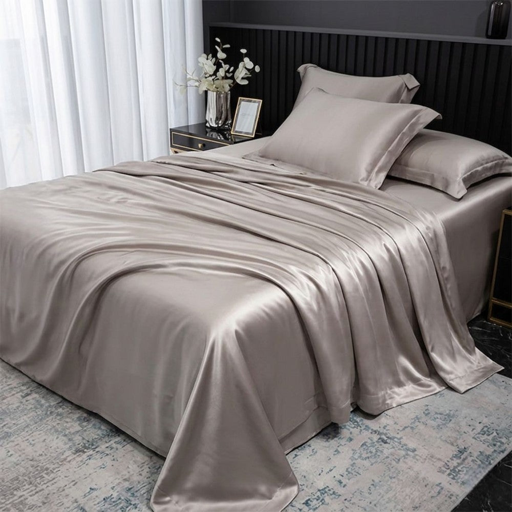 Silky silk bedsheet on a bed in a bedroom setting
