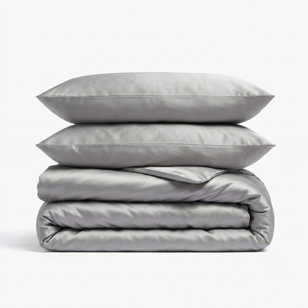 A stack of light gray bedding, including two pillows and a folded duvet cover, photographed on a clean white background.