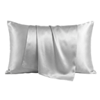 Silver grey silk pillowcase on a white background