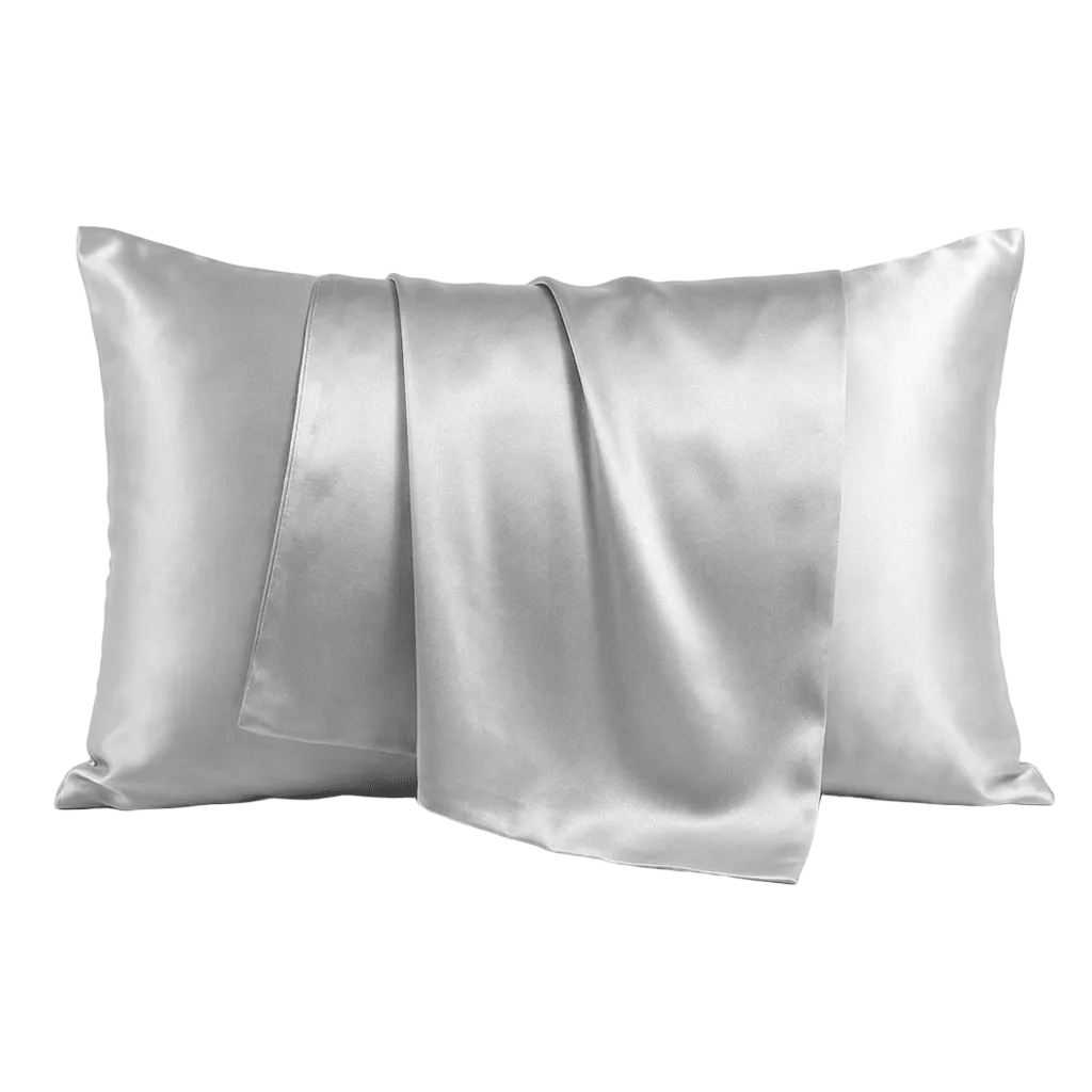 Silver grey silk pillowcase on a white background