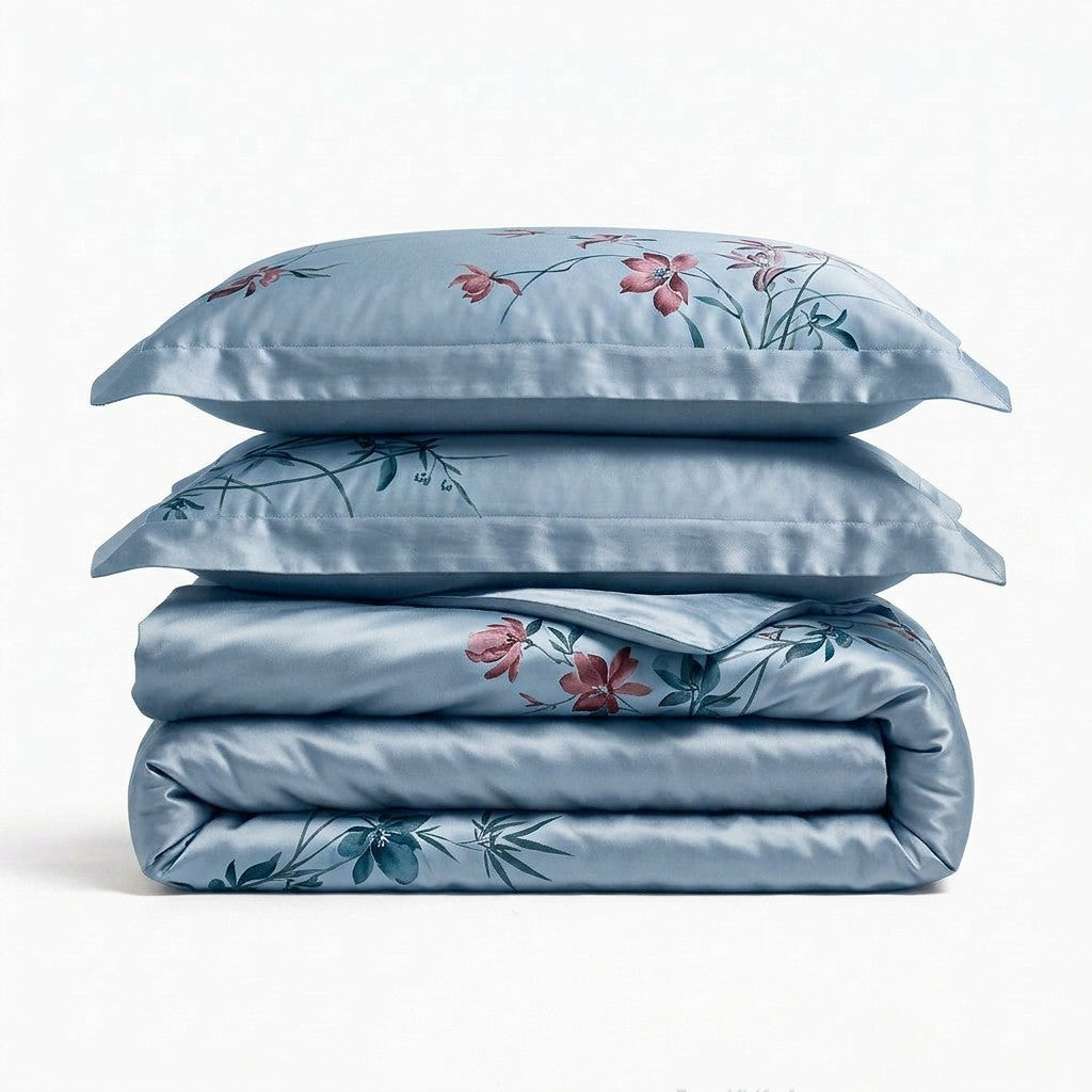 Light blue silk bedding set, including two pillowcases and a folded duvet cover, decorated with a delicate floral and leaf pattern in pink and green