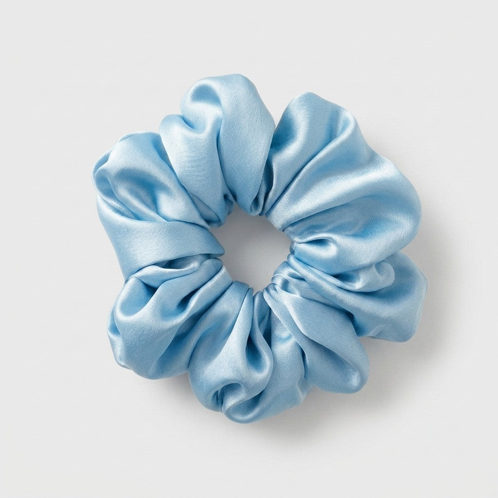 A single light blue silk scrunchie centered on a clean, light gray background.