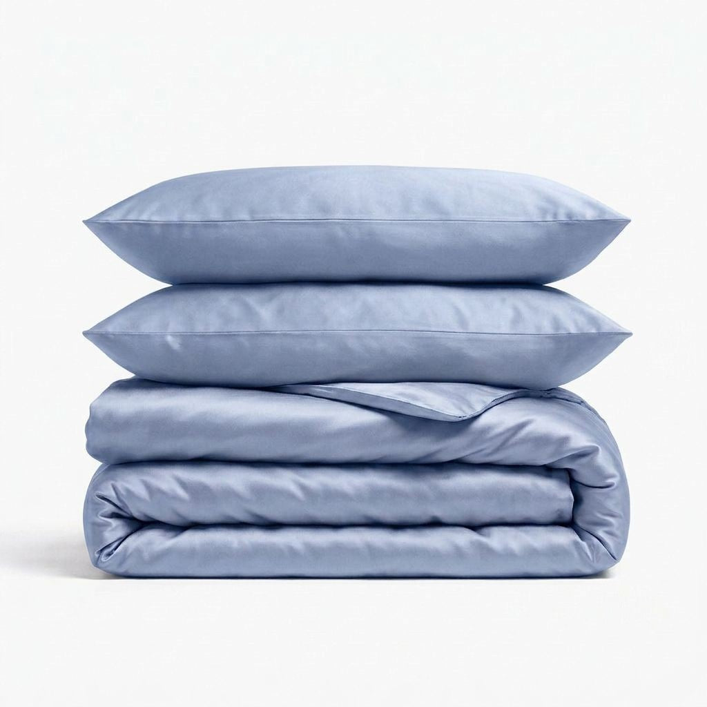 A stack of light blue silk bedding set, including two pillows and a folded duvet cover, photographed on a clean white background.