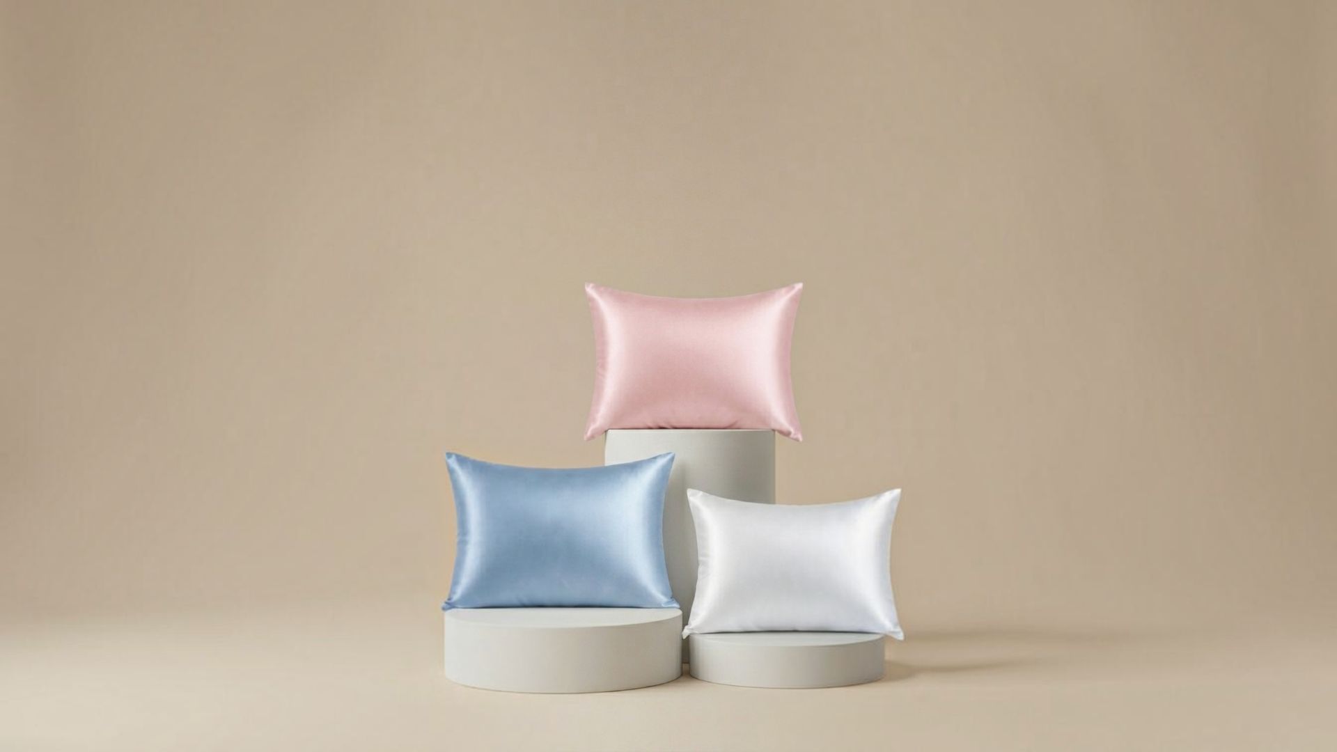 Three silk pillowcases in pastel pink, light blue, and white.
